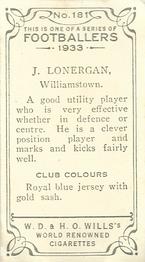 1933 Wills's Victorian Footballers (Small) #181 J. Lonergan Back